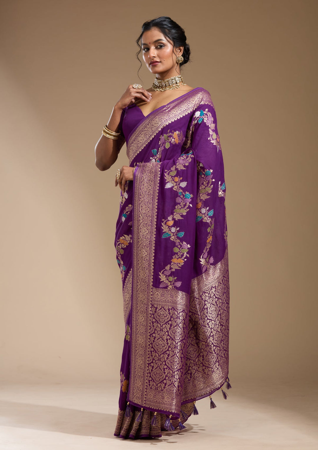 Purple Zariwork (Gold) Georgette Silk Saree