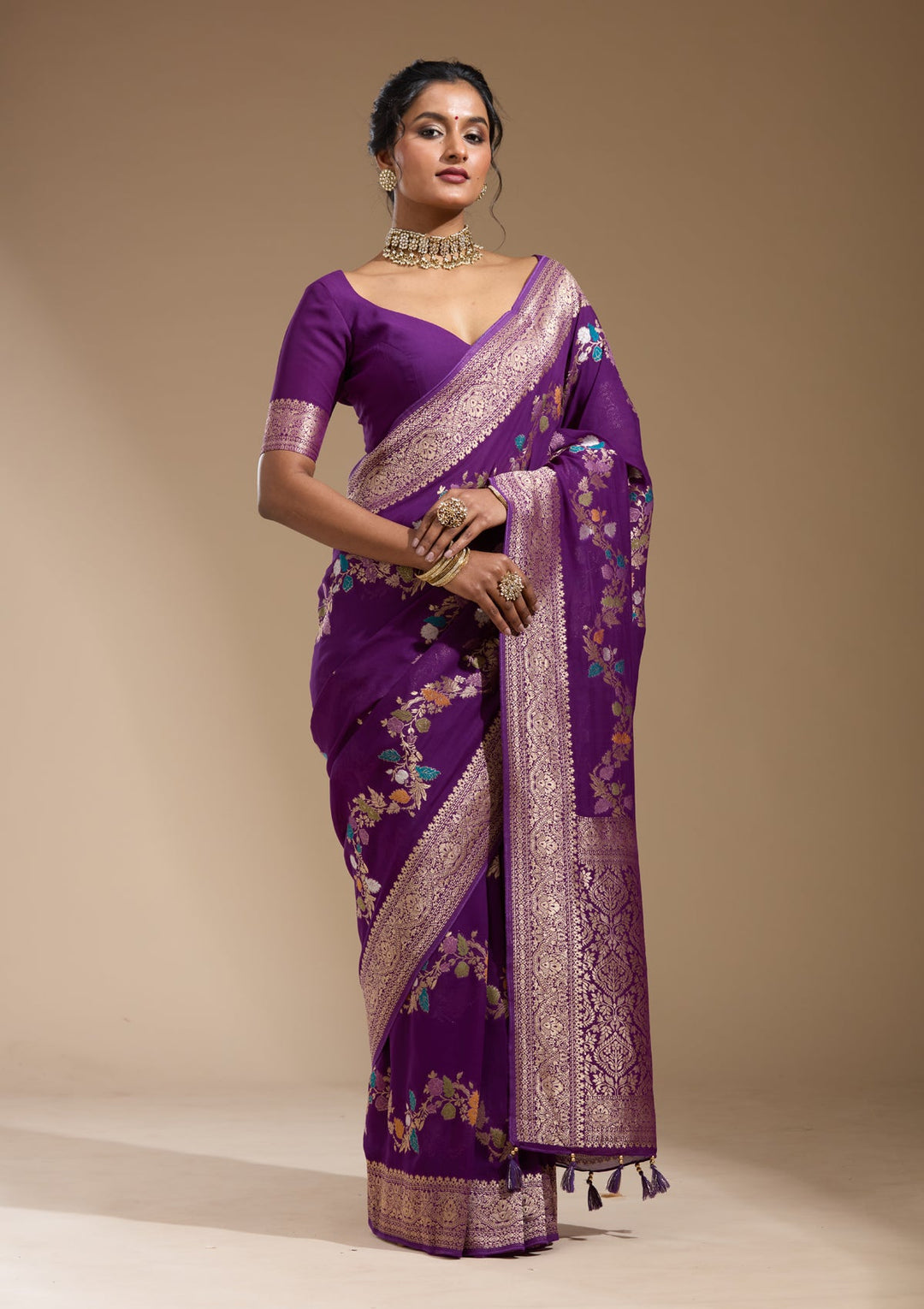 Purple Zariwork (Gold) Georgette Silk Saree