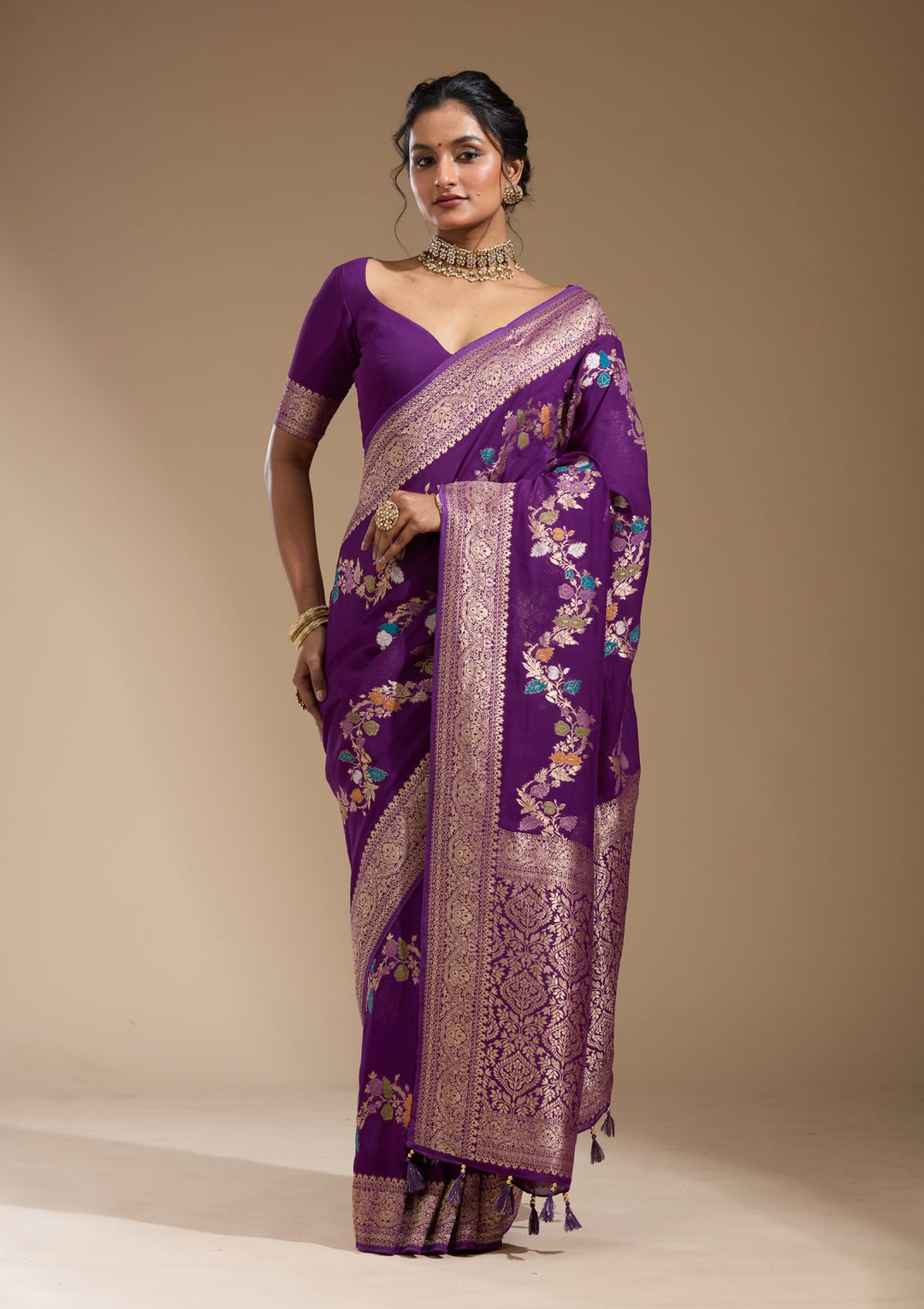 Purple Zariwork (Gold) Georgette Silk Saree