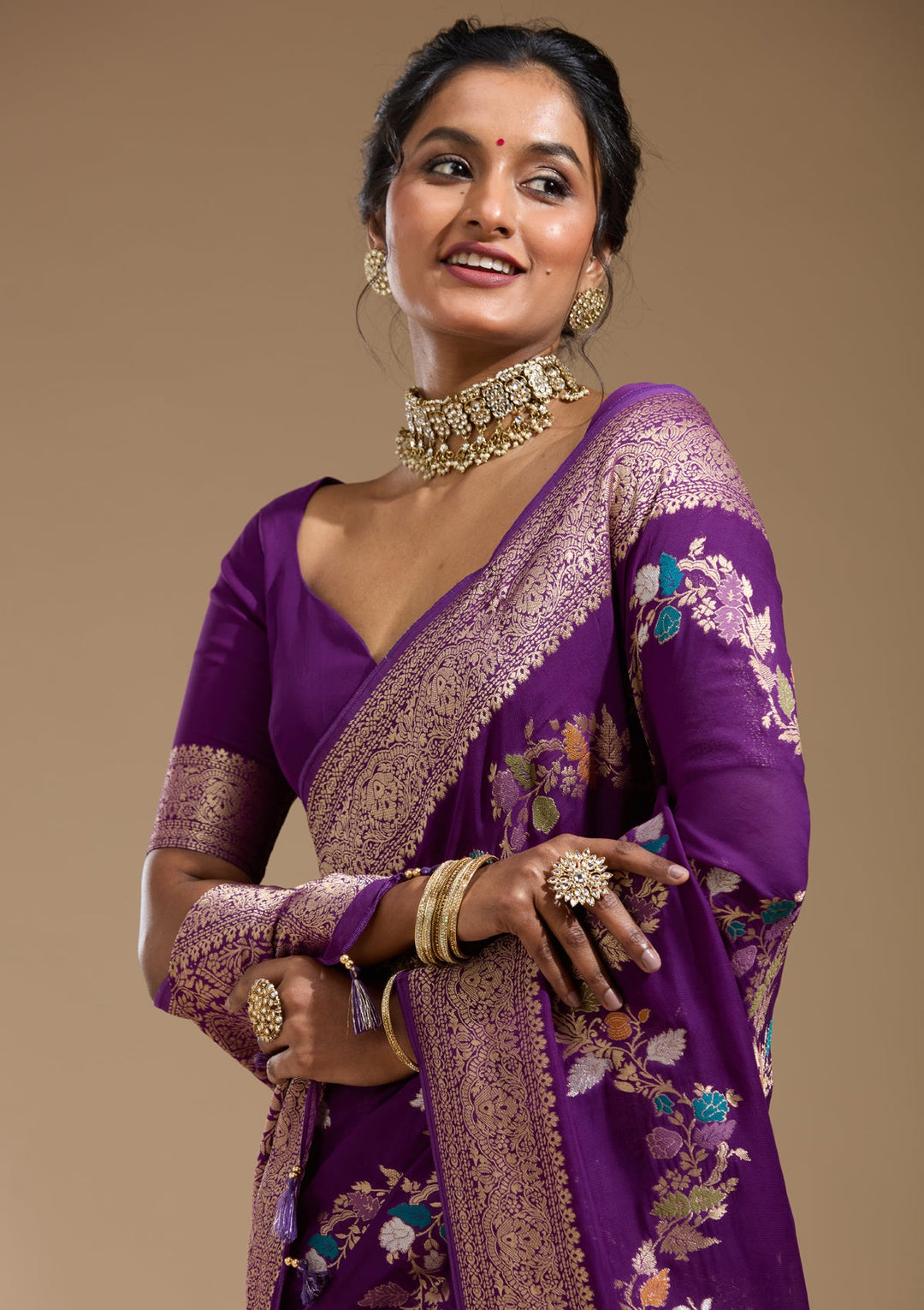 Purple Zariwork (Gold) Georgette Silk Saree