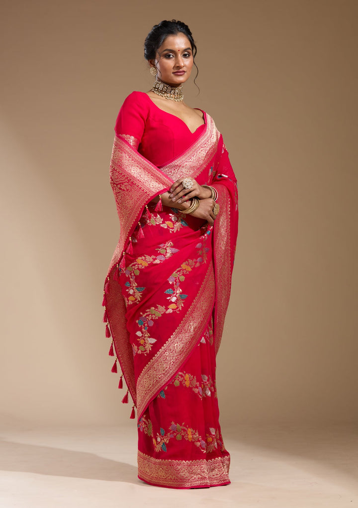 Rani Pink Zariwork (Gold) Georgette Silk Saree