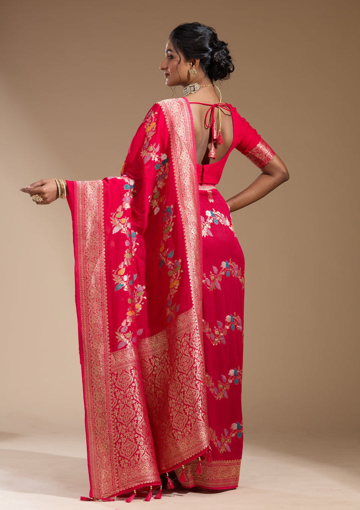 Rani Pink Zariwork (Gold) Georgette Silk Saree