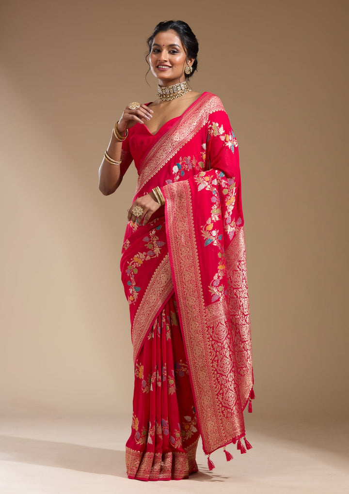Rani Pink Zariwork (Gold) Georgette Silk Saree