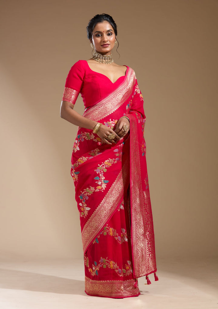 Rani Pink Zariwork (Gold) Georgette Silk Saree