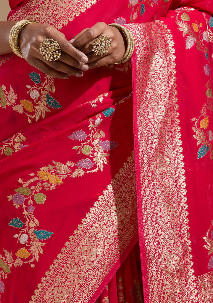Rani Pink Zariwork (Gold) Georgette Silk Saree