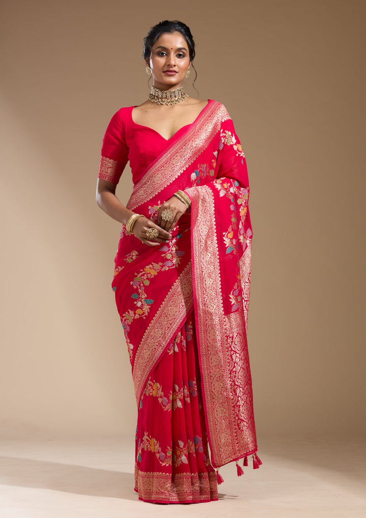 Rani Pink Zariwork (Gold) Georgette Silk Saree