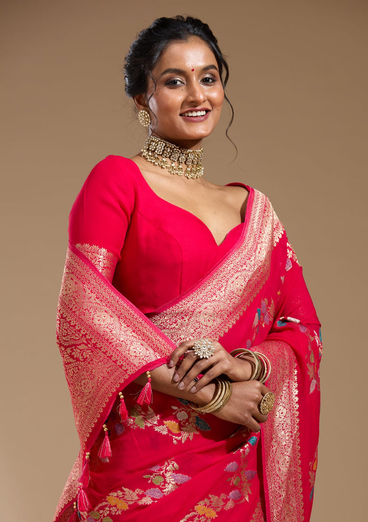 Rani Pink Zariwork (Gold) Georgette Silk Saree