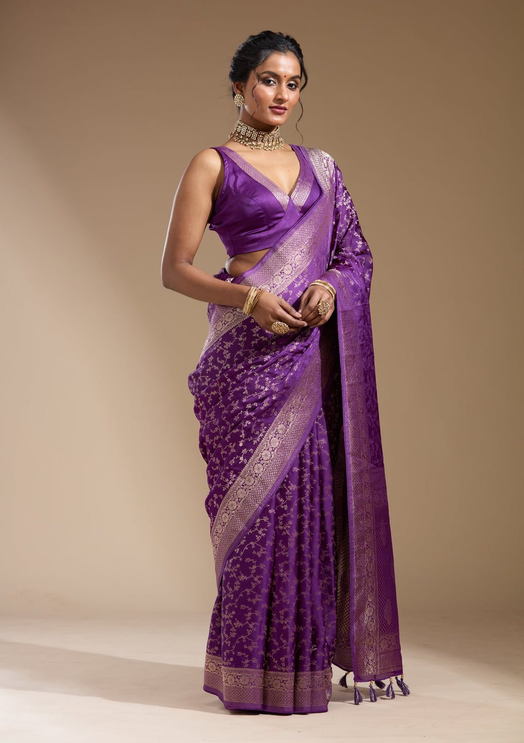 Purple Zariwork (Gold) Satin Silk Saree