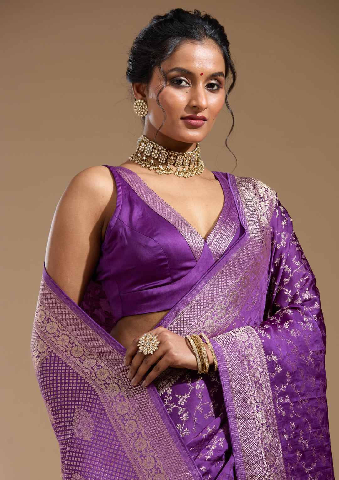 Purple Zariwork (Gold) Satin Silk Saree