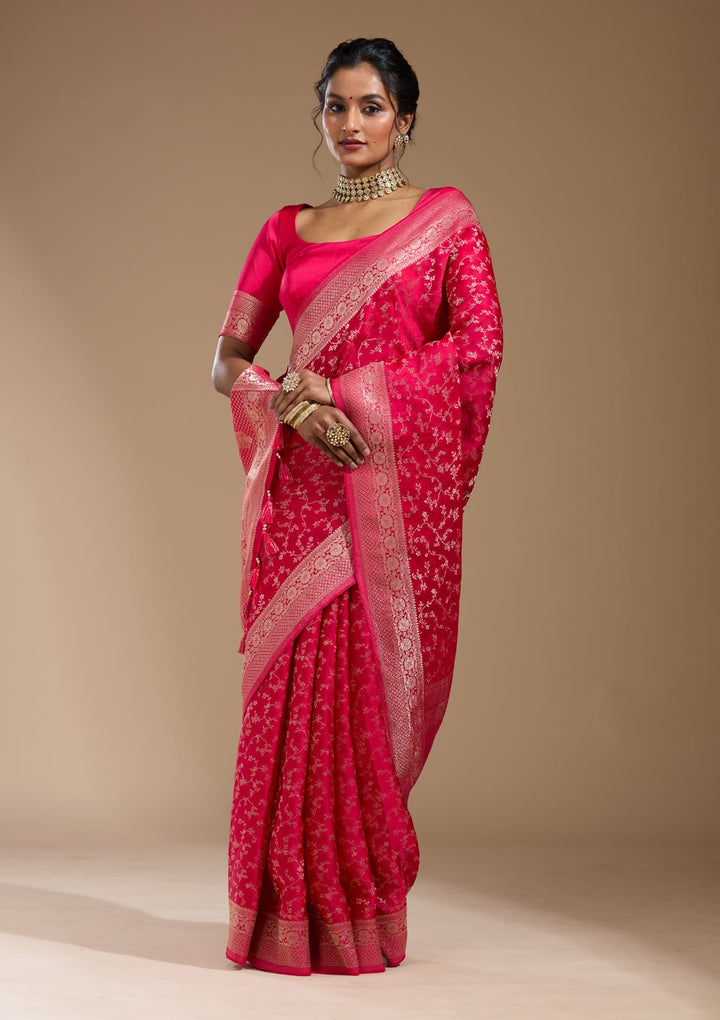 Rani Pink Zariwork (Gold) Satin Silk Saree