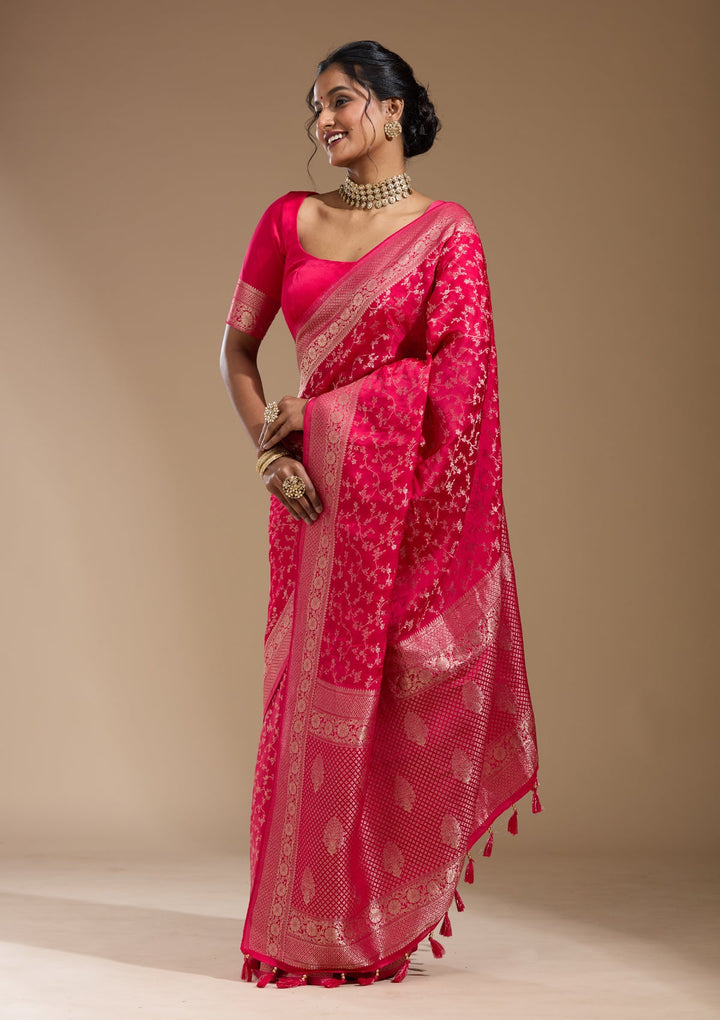 Rani Pink Zariwork (Gold) Satin Silk Saree