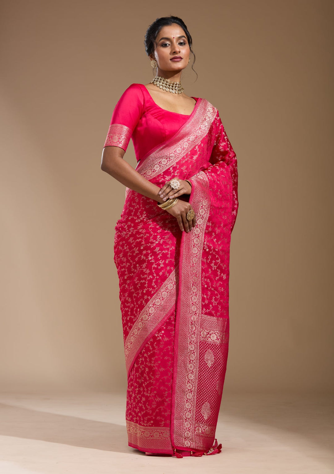 Rani Pink Zariwork (Gold) Satin Silk Saree