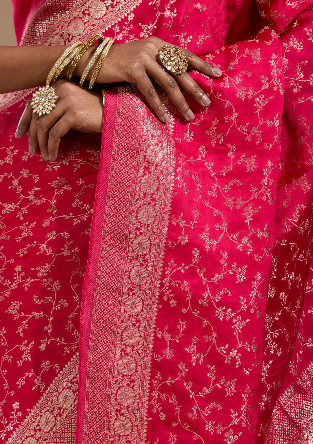 Rani Pink Zariwork (Gold) Satin Silk Saree