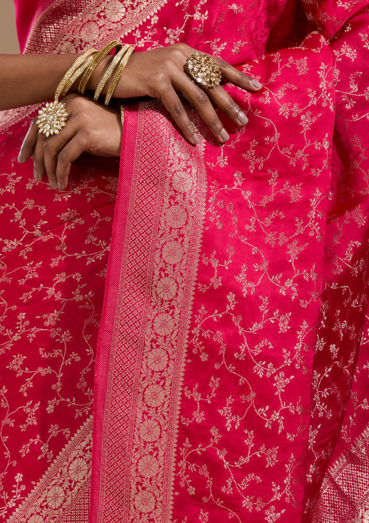 Rani Pink Zariwork (Gold) Satin Silk Saree