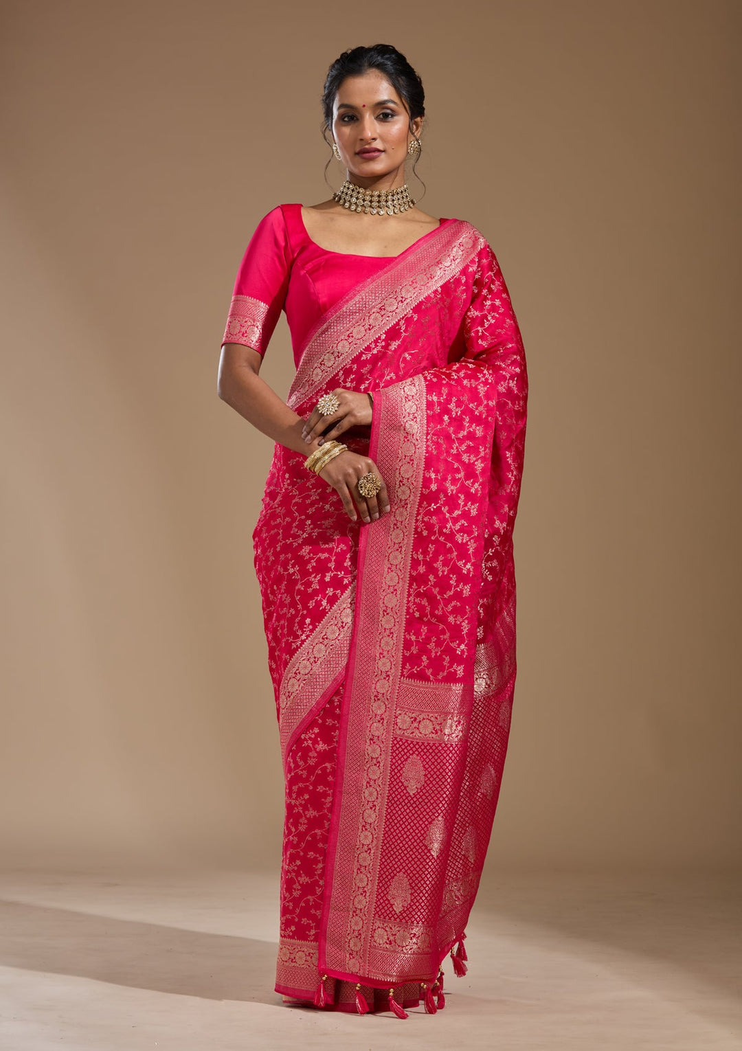 Rani Pink Zariwork (Gold) Satin Silk Saree
