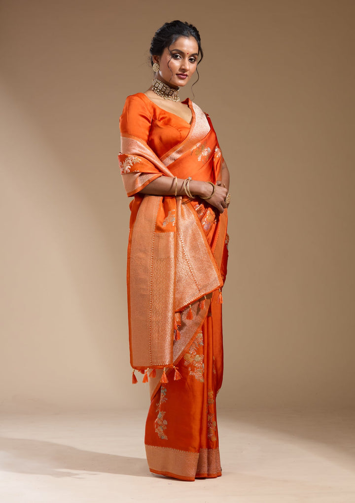 Orange Zariwork (Gold) Georgette Silk Saree