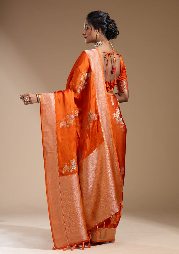 Orange Zariwork (Gold) Georgette Silk Saree
