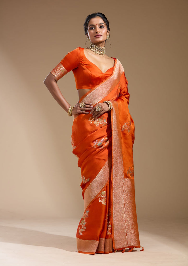 Orange Zariwork (Gold) Georgette Silk Saree