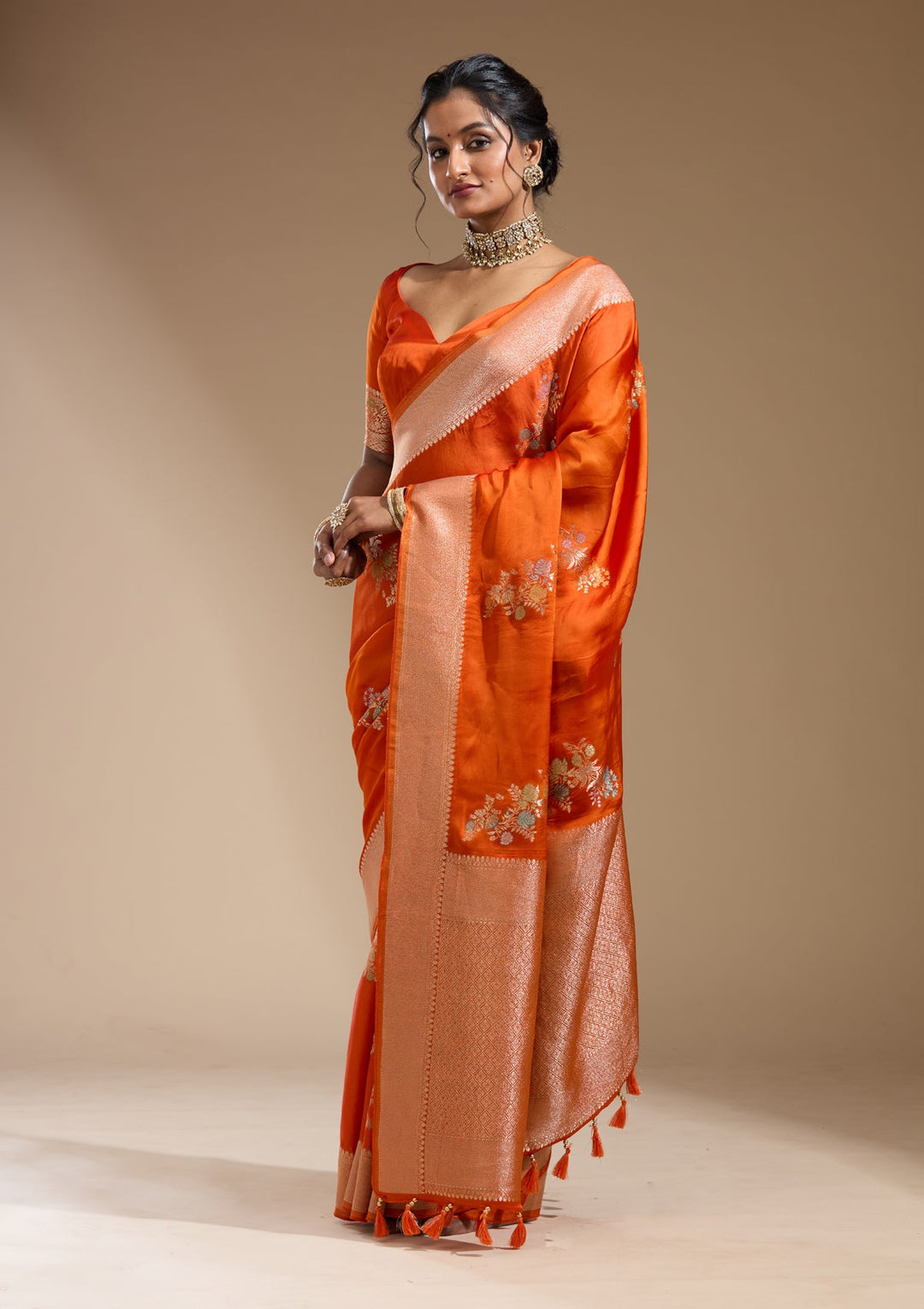 Orange Zariwork (Gold) Georgette Silk Saree