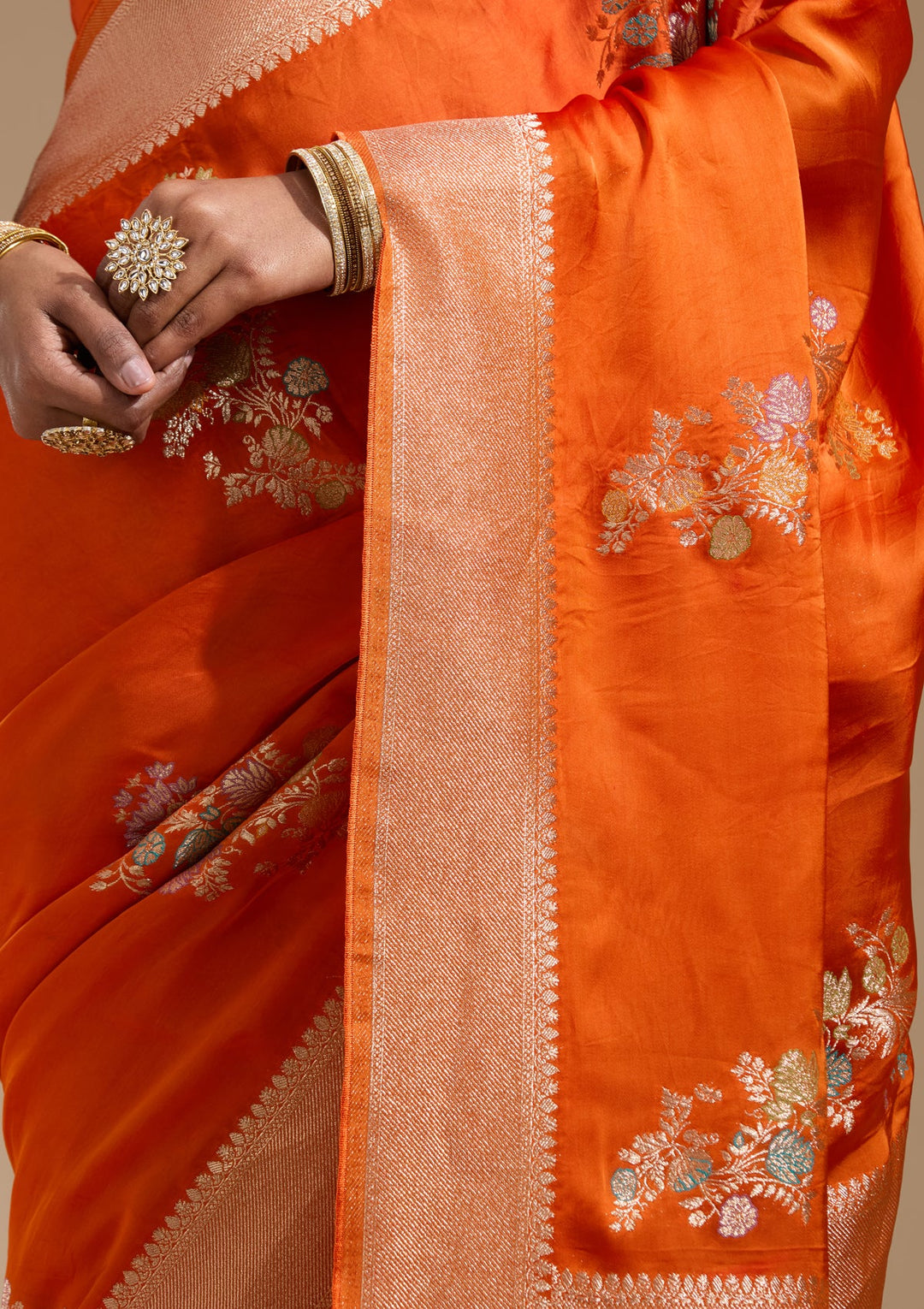 Orange Zariwork (Gold) Georgette Silk Saree