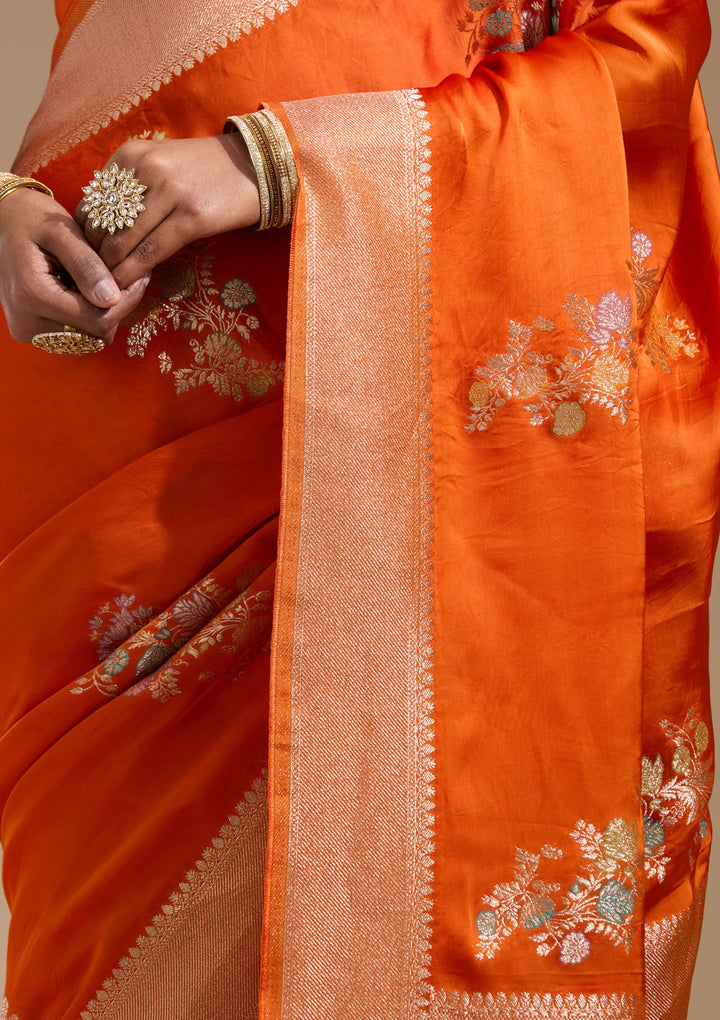Orange Zariwork (Gold) Georgette Silk Saree
