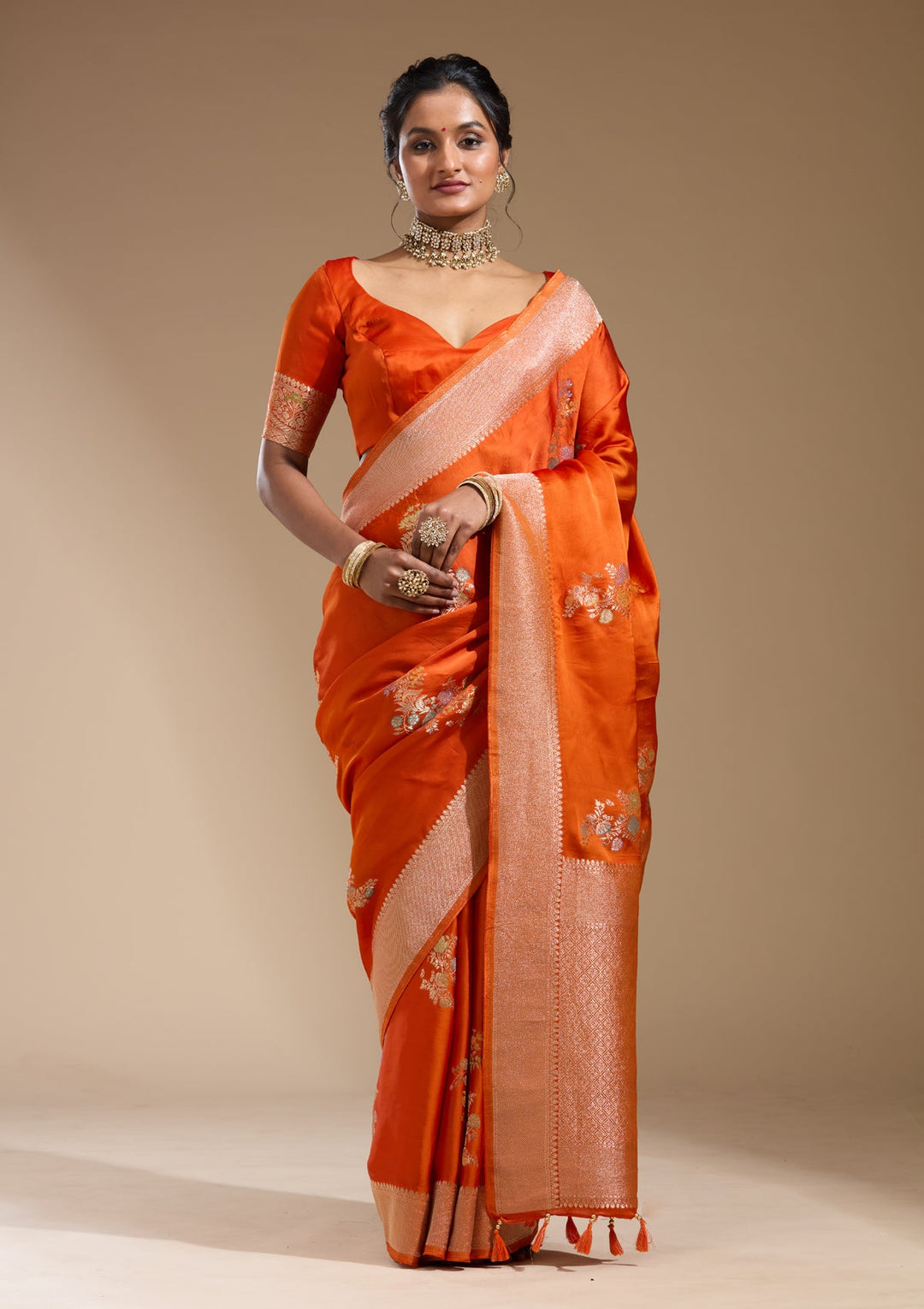 Orange Zariwork (Gold) Georgette Silk Saree