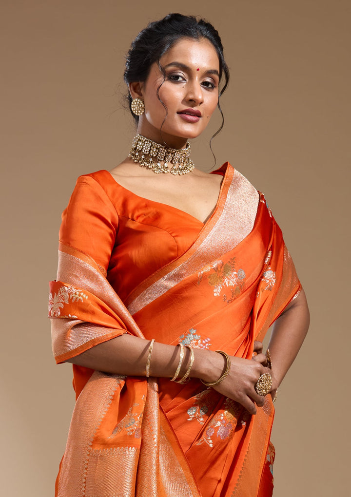Orange Zariwork (Gold) Georgette Silk Saree