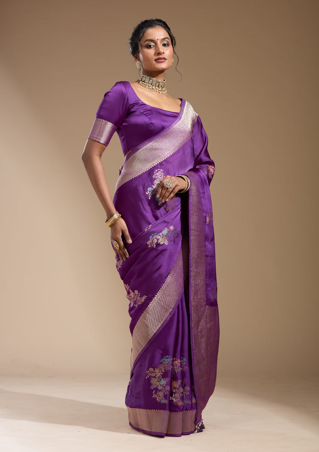 Purple Zariwork (Gold) Georgette Silk Saree