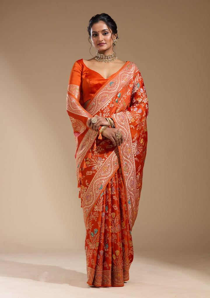Orange Zariwork (Gold) Satin Silk Saree