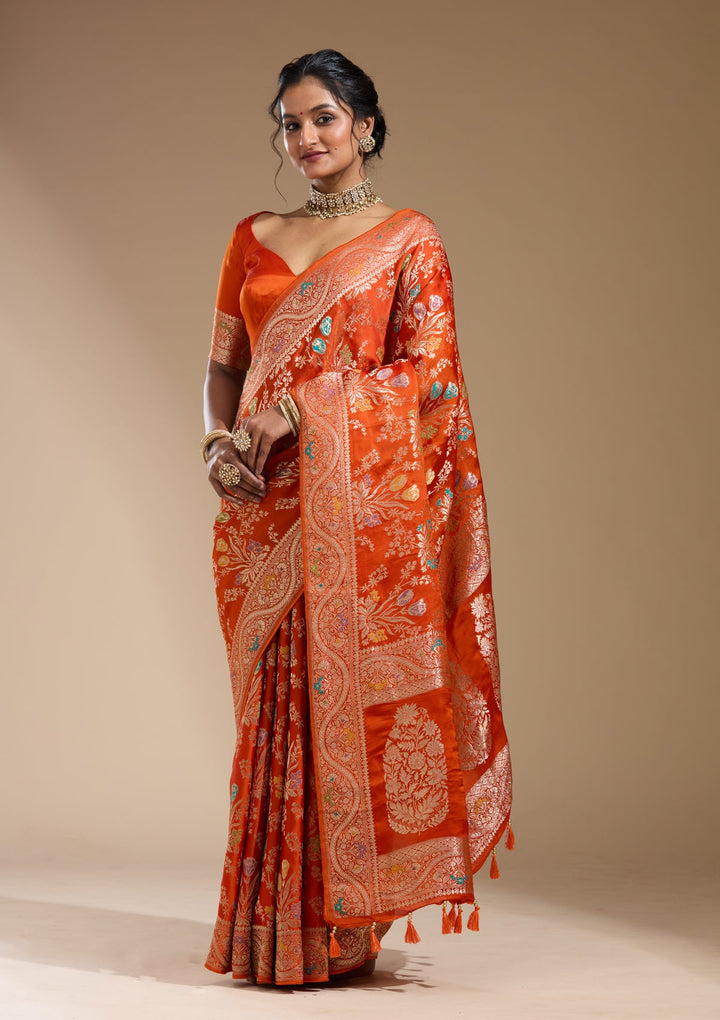 Orange Zariwork (Gold) Satin Silk Saree