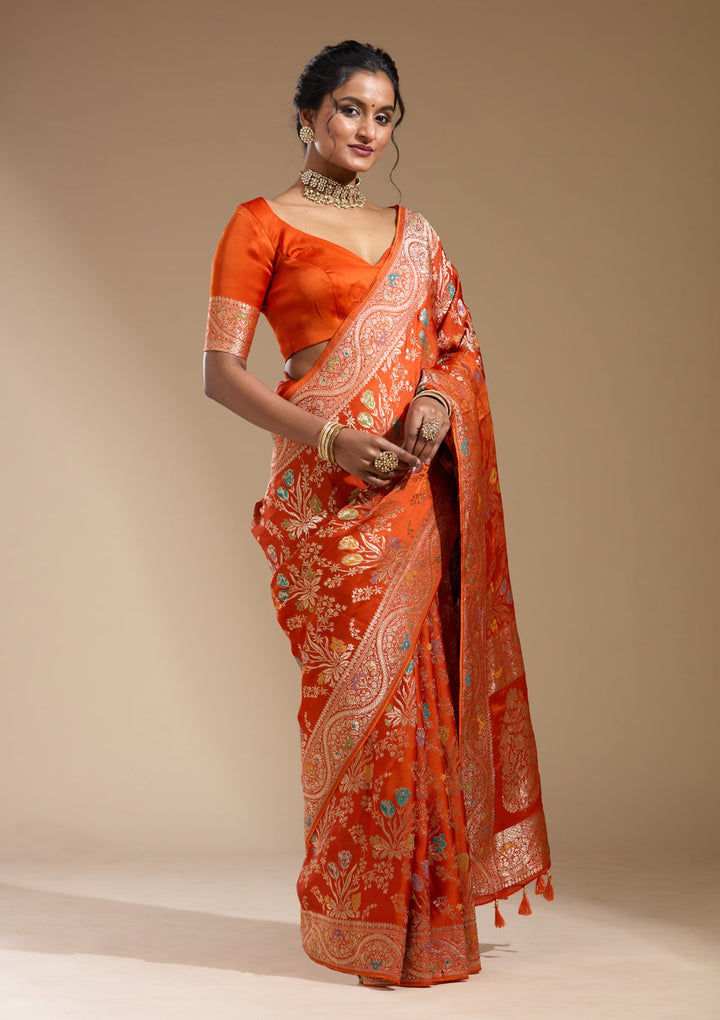 Orange Zariwork (Gold) Satin Silk Saree