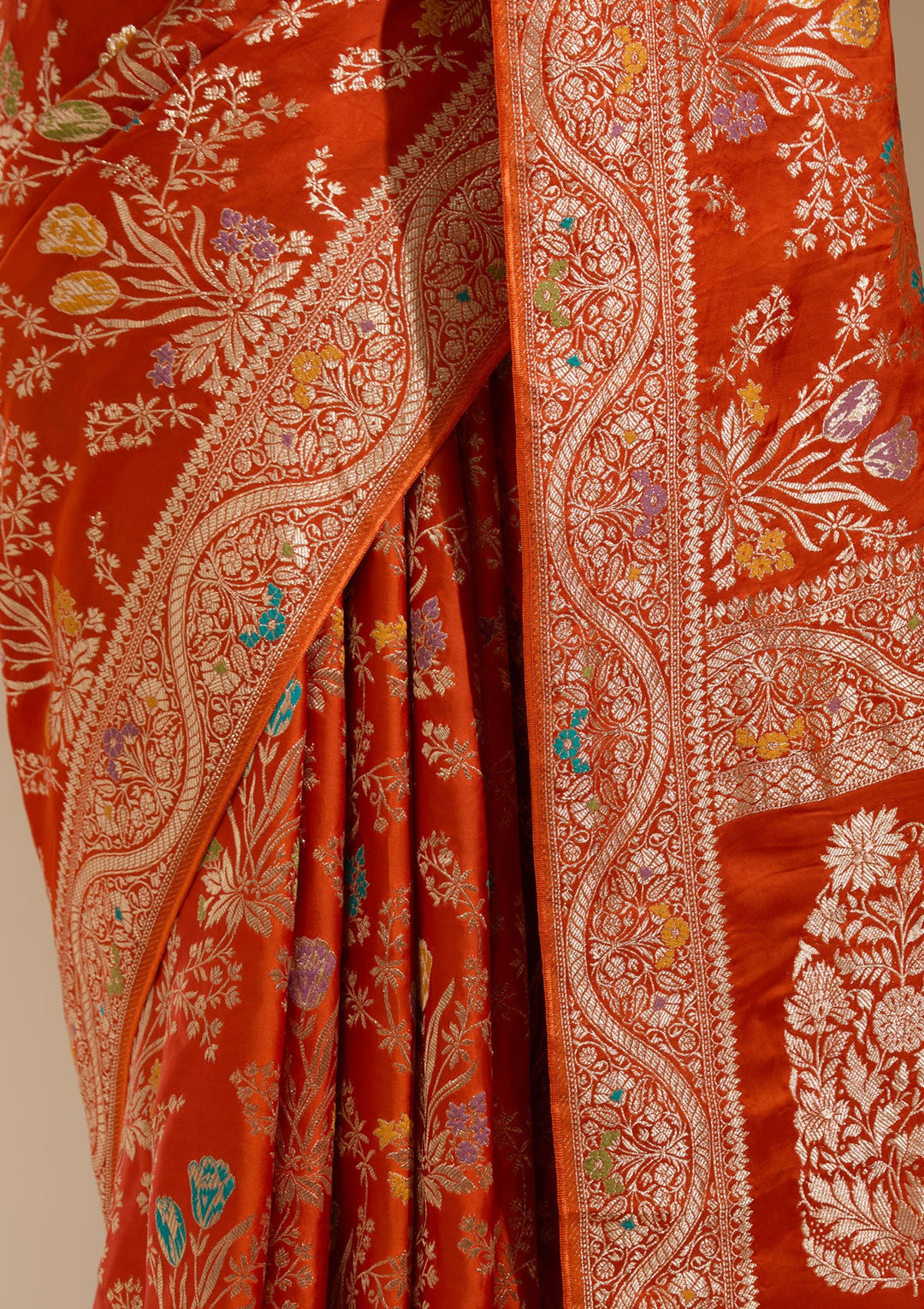 Orange Zariwork (Gold) Satin Silk Saree