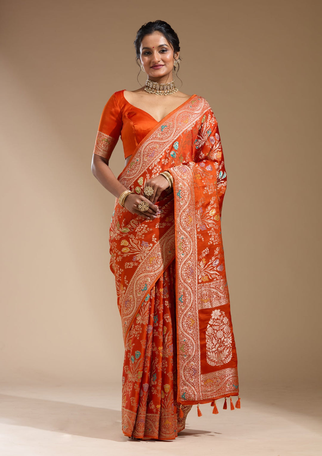 Orange Zariwork (Gold) Satin Silk Saree