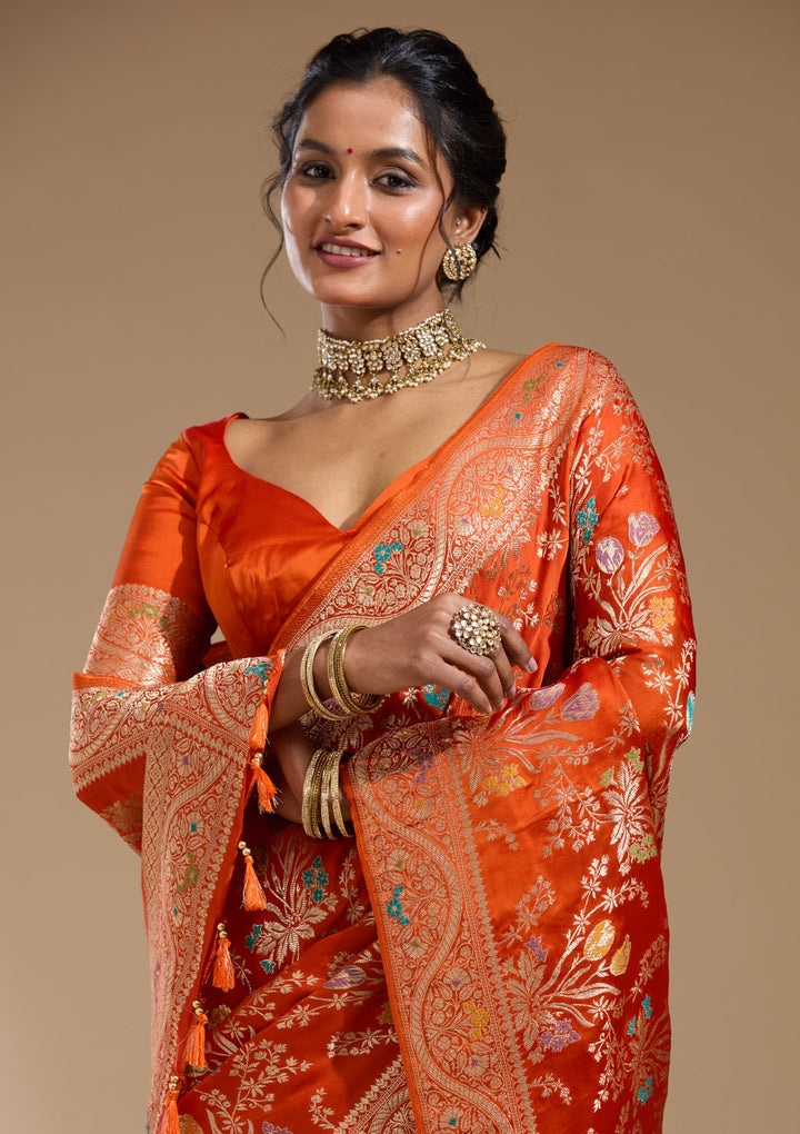 Orange Zariwork (Gold) Satin Silk Saree