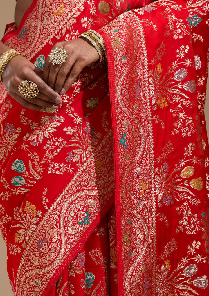 Red Zariwork (Gold) Satin Silk Saree