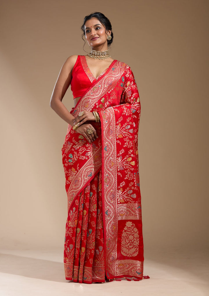 Red Zariwork (Gold) Satin Silk Saree