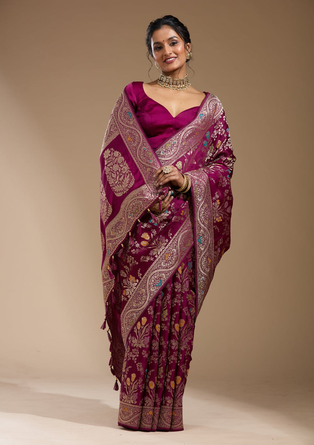 Wine Zariwork (Gold) Satin Silk Saree