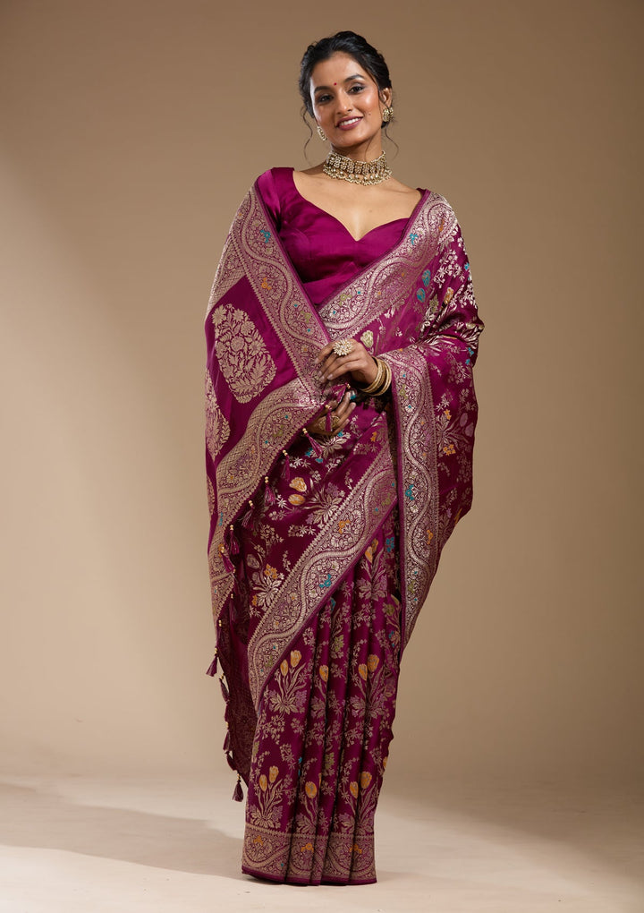 Wine Zariwork (Gold) Satin Silk Saree
