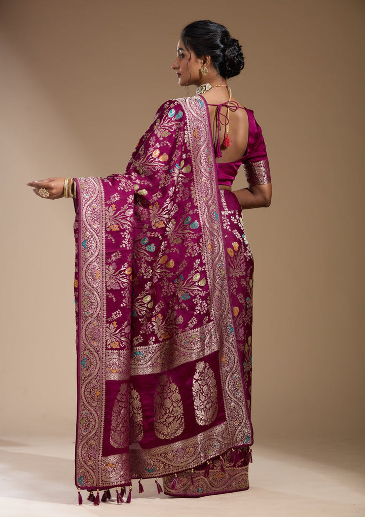 Wine Zariwork (Gold) Satin Silk Saree
