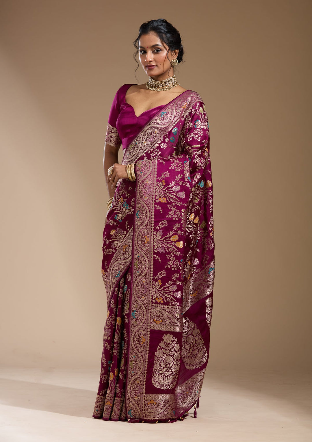 Wine Zariwork (Gold) Satin Silk Saree