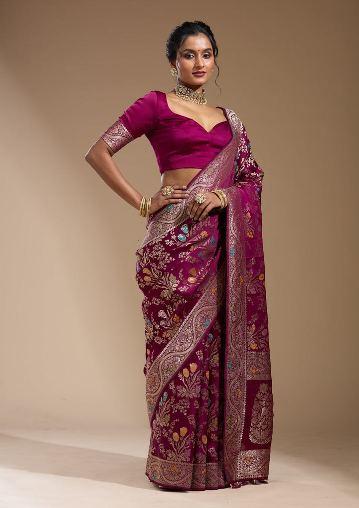 Wine Zariwork (Gold) Satin Silk Saree
