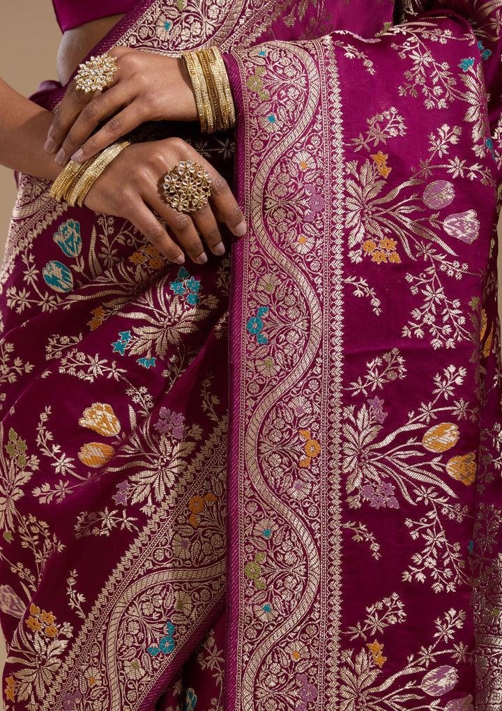 Wine Zariwork (Gold) Satin Silk Saree