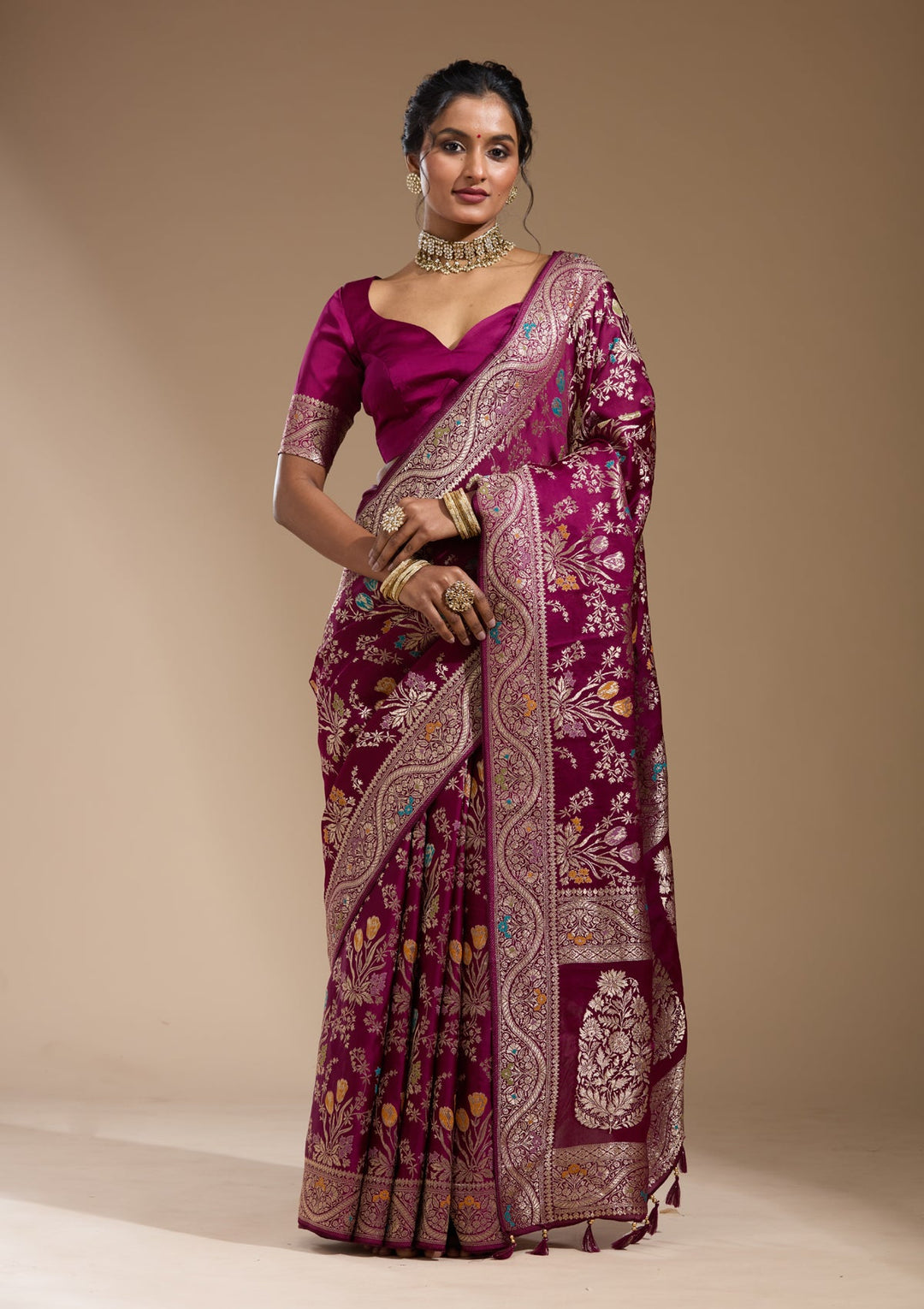 Wine Zariwork (Gold) Satin Silk Saree