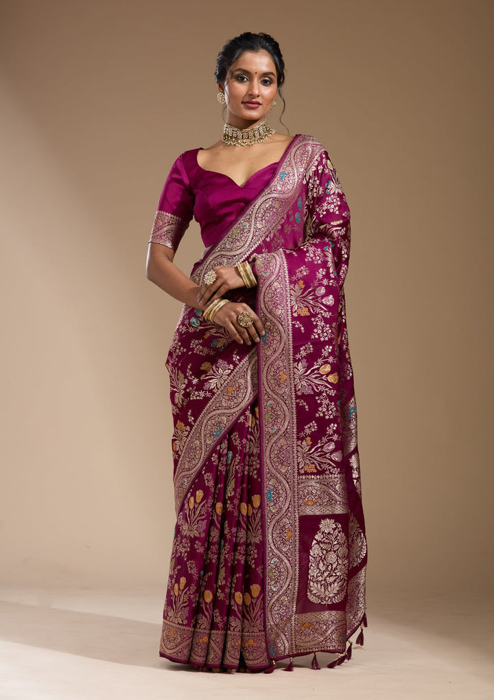 Wine Zariwork (Gold) Satin Silk Saree