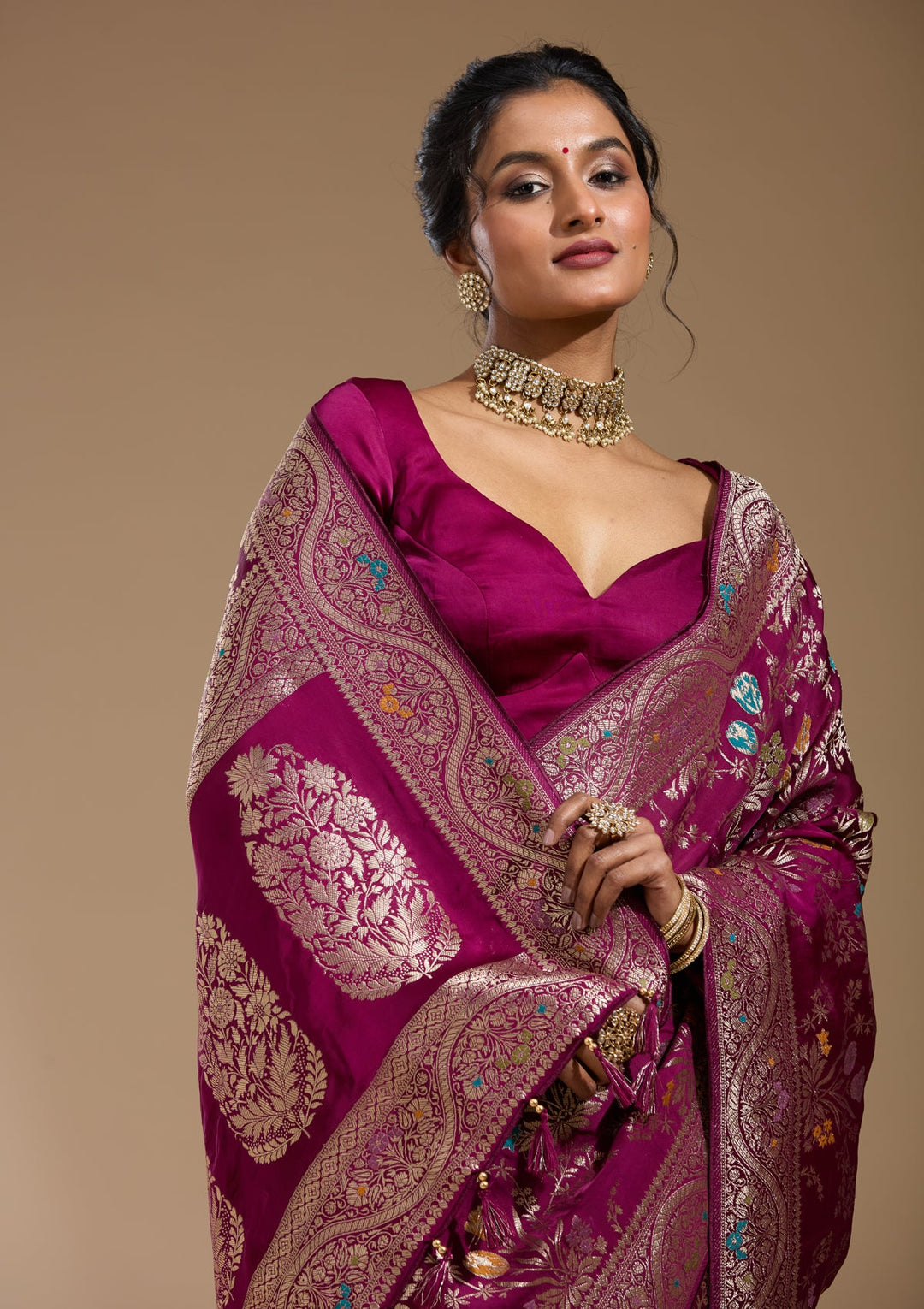 Wine Zariwork (Gold) Satin Silk Saree