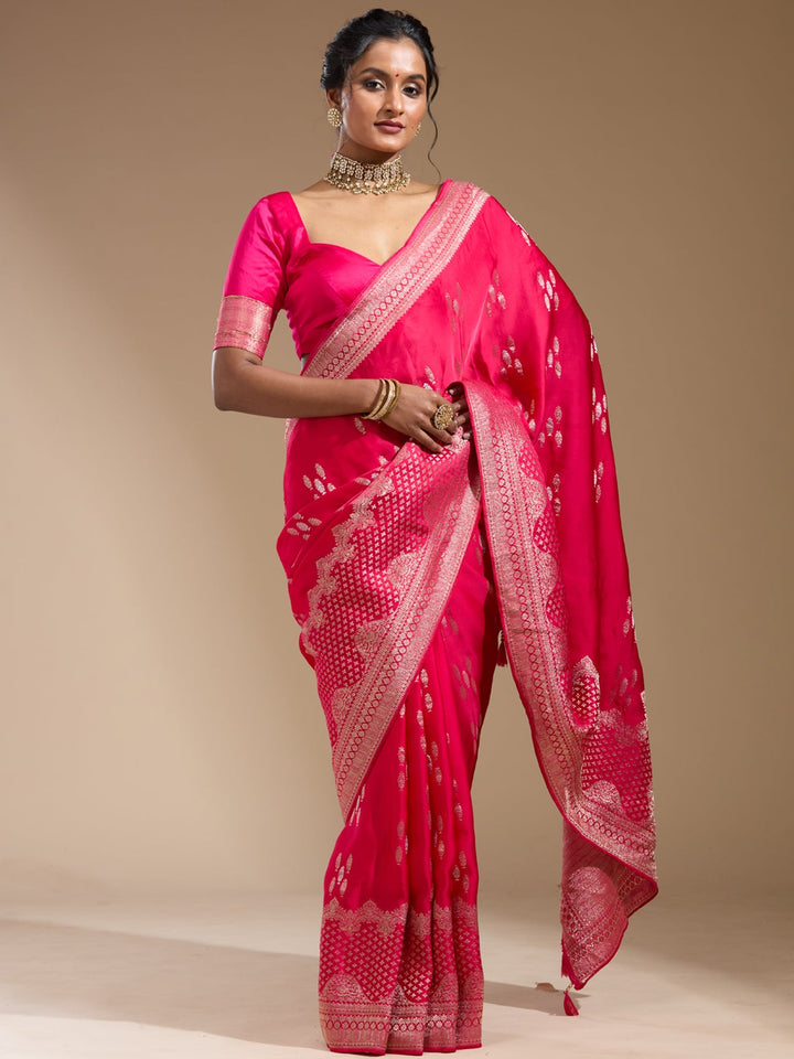 Rani Pink Zariwork (Gold) Satin Silk Saree