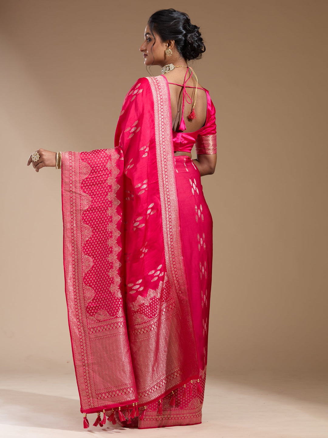 Rani Pink Zariwork (Gold) Satin Silk Saree