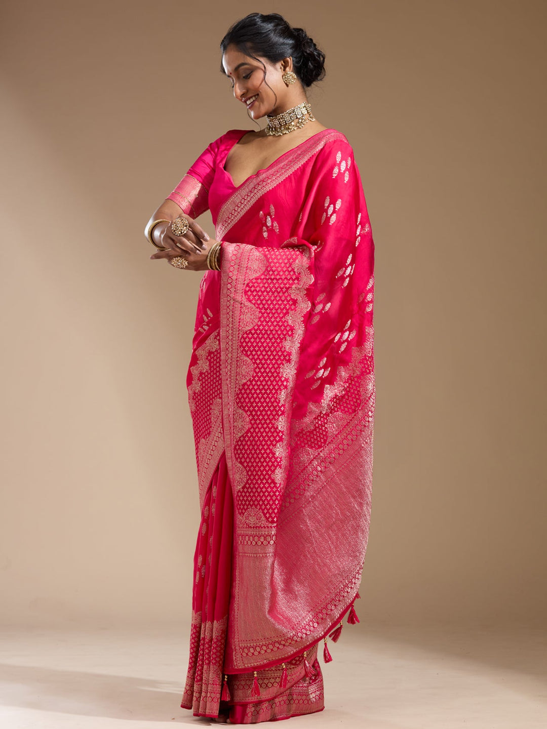Rani Pink Zariwork (Gold) Satin Silk Saree