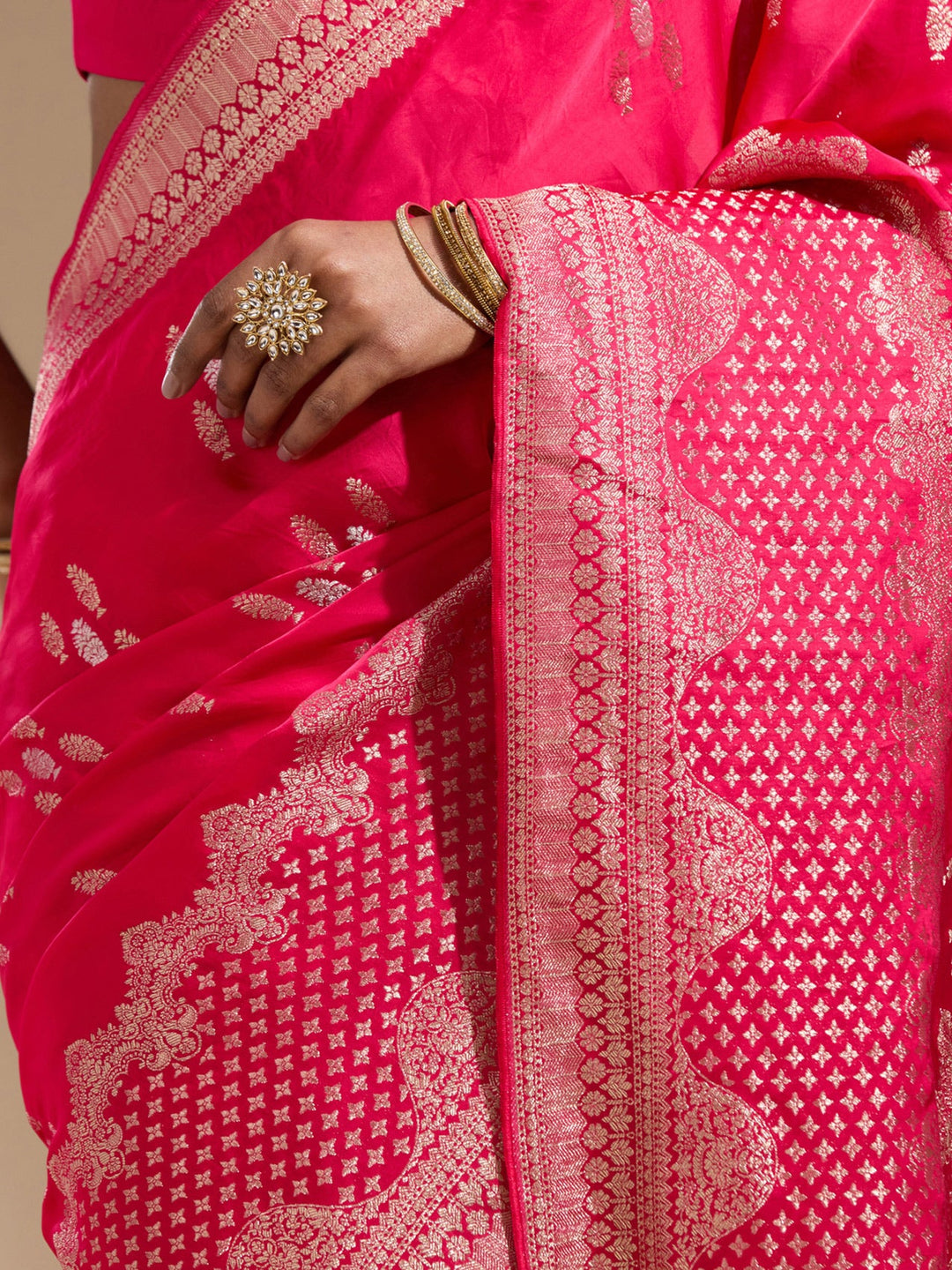 Rani Pink Zariwork (Gold) Satin Silk Saree