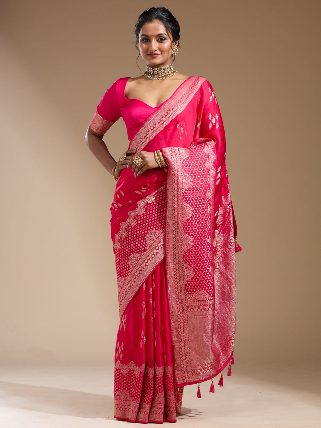 Rani Pink Zariwork (Gold) Satin Silk Saree